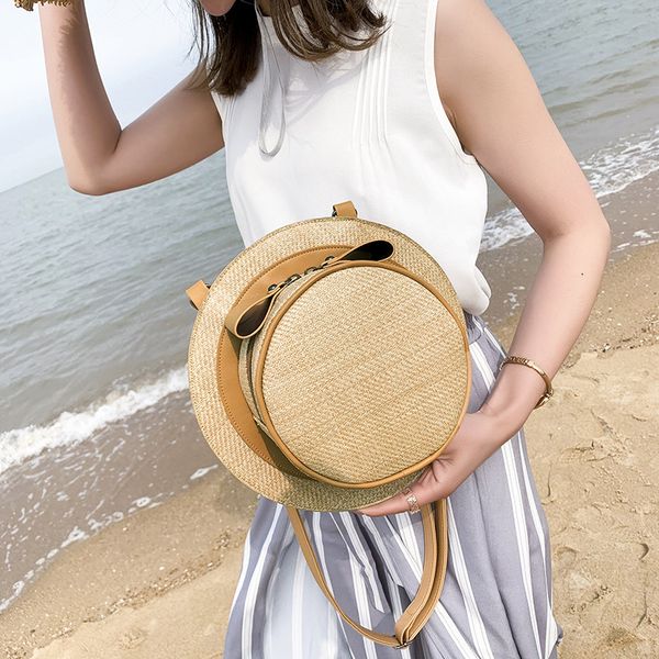 

multifunction hat shape straw+leather handbag women summer rattan bag handmade woven beach circle bohemia shoulder bag fashion