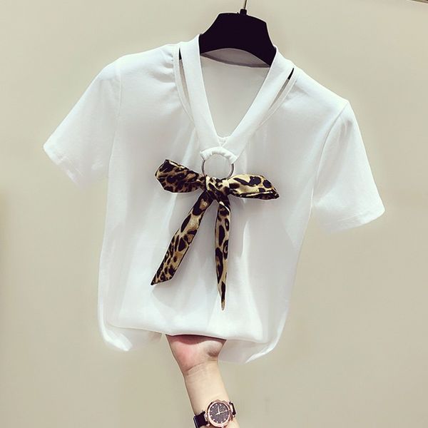 

2020 summer new leopard silk scarf bow v-neck halter short-sleeved t-shirt women's casual white shirt fashion tees students