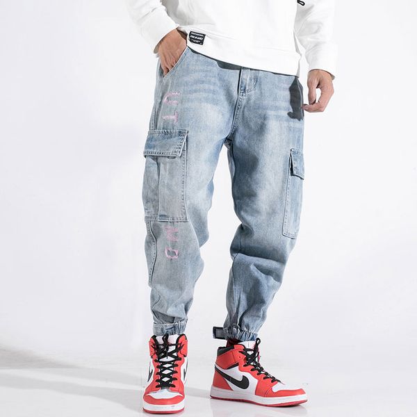 

fashion streetwear men jeans loose fit light blue big pocket denim cargo pants embroidery designer hip hop jeans men harem pants