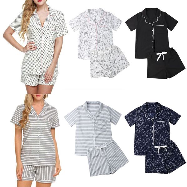 

casual new women loose pajamas sets dot print summer short sleeves shirts+pants sleepwear nightwear woman pajama homewear robe, Black;red