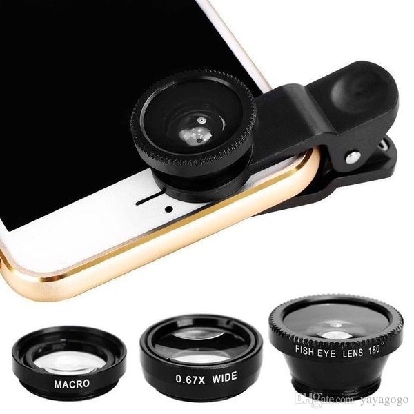 

wholesale 1pc/set 3 in 1 mobile phone clip lenses fish eye wide angle macro camera gift