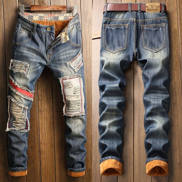 

new men's winter jeans thick denim pants men warm trousers brand 2019 male patchwork hole straight fit jeans d25, Blue