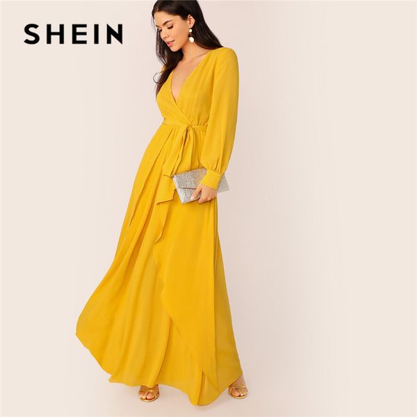 

shein mustard self belted wrap maxi dress women glamorous high waist v neck party dress ladies spring bishop sleeve long dresses, Black;gray