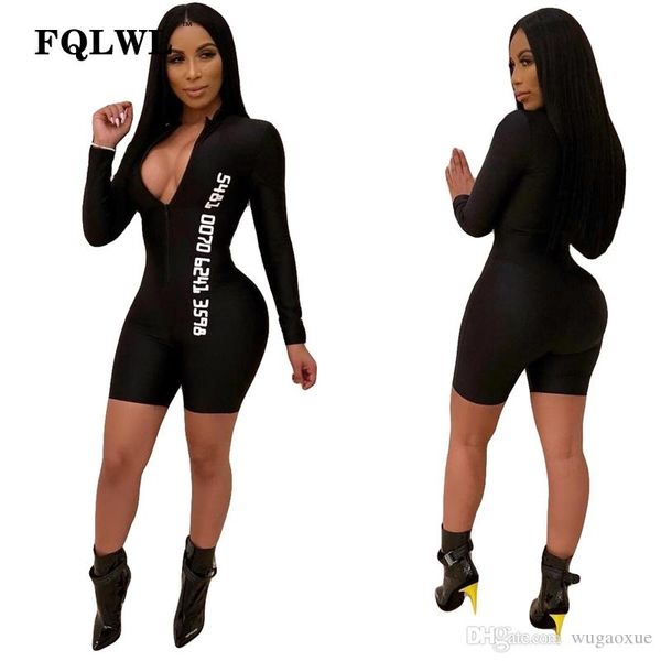

black bodycon jumpsuit shorts for women long sleeve fitness rompers womens jumpsuit female streetwear playsuit women, Black;white