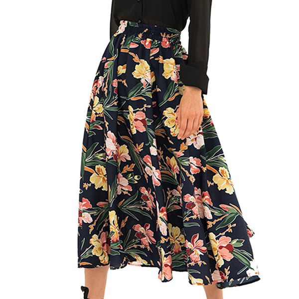 

fashion lady bohemian printed flexible high waist a-shaped beach skirt long summer princess skirts plus sizes may 21, Black