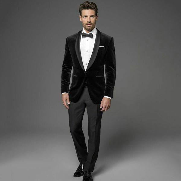 

custom black velvet groom tuxedos satin shawl lapel two pieces men suits for wedding men suits for business prom party (jacket+pants, Black;gray