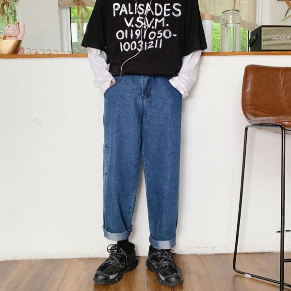 

men's jeans boys' autumn 2021 denim trend korean hong kong style loose students brand casual pants, Blue