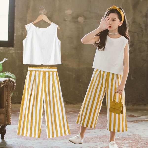 

clothes for girls sets kids fashion striped wide leg pants + sleeveless vest two piece set children suit girl outfits 12 years t200707, White