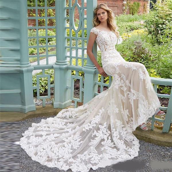 

2020 garden wedding dresses mermaid scoop lace applique bridal gowns sweep train backless custom made wedding gowns, White