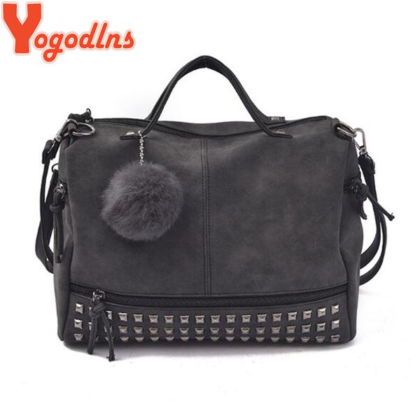 

yogodlns vintage нубук кожи женских сумок rivet больших сумки волосы шарик женщины мешок плеча мотоцикл коммуникатор top-handle bag