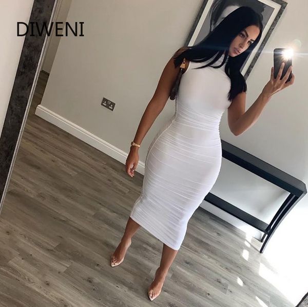 

diweini simple sleeveless bodycon midi dresses 2020 street soft casual wear summer elastic minimalist dress for woman, Black;gray