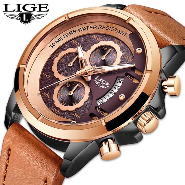 

lige watch brand man watches with chronograph sports waterproof clock man watches men's watch analog quartz, Slivery;brown