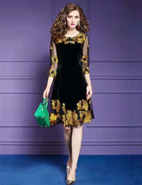 

luxury women embroidery a-line dress sheer sleeve dresses 03hx8145, White;black