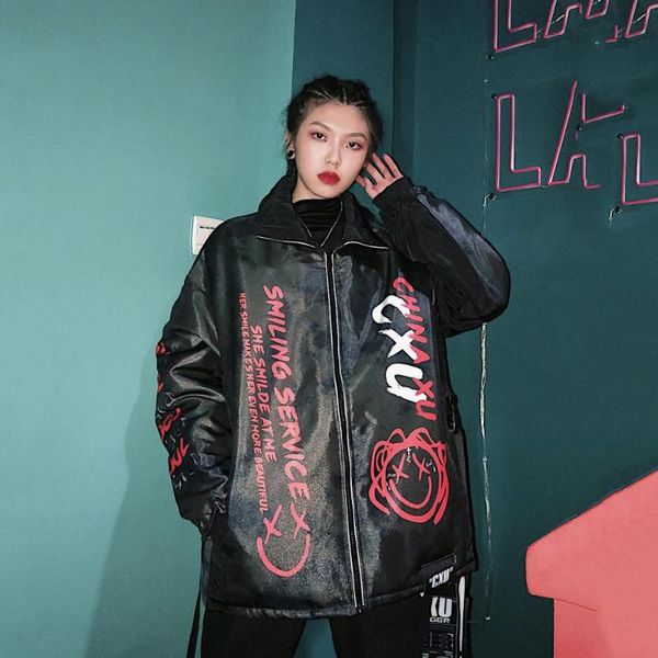 

winter high street dark loose large jacket heavy industry plus cotton thickened lapel cotton padded jackets coat coats, Black