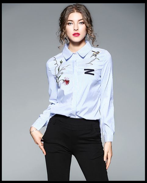 

2018 women striped blouse shirt embroidery casual shirt plus size spring autumn long sleeve office ladies clothing, White