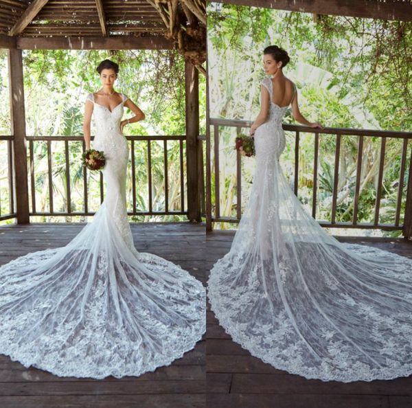 

2020 kitty chen mermaid wedding dresses lace appliqued plunging neck boho wedding dress sweep train custom made country bridal gowns, White