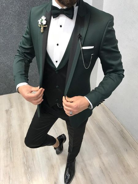 Dark Green Slim Fit Mens Prom Suits Peaked Lapel Wedding Suits For Men Groomsman Tuxedos Three Pieces Blazers Jacket+Pants+Vest