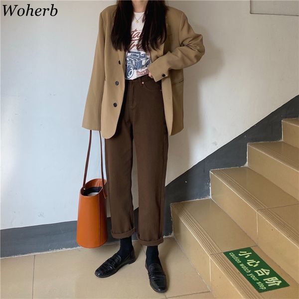 

woherb vintage high waist jeans woman 2020 wide leg ankle-length pants womens denim pants female trousers streetwear 25634, Blue