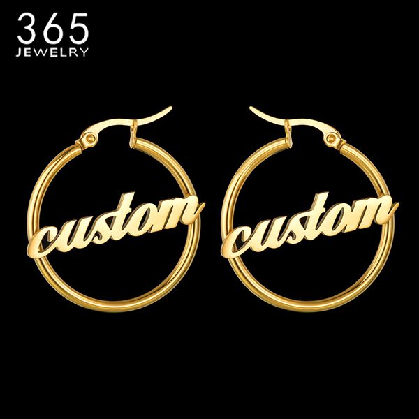 

1 pair hiphop stainless steel custom name earrings women personalized big nameplate handmade circle oorbellen party gifts, Golden;silver