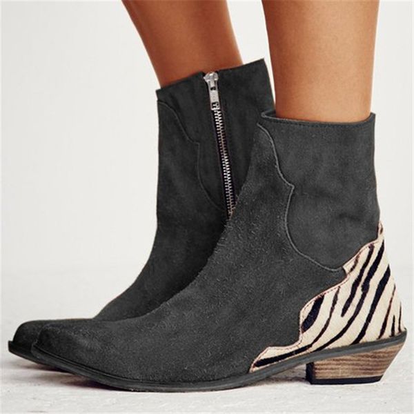 

lasperal women shoes 2019 leopard pointed toe ankle boots zipper zebra pattern deep flat heel boots lady shoes women, Black