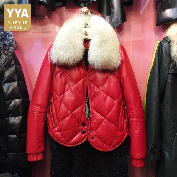 

fashion brand genuine leather down coat women streetwear fur collar zipper sheepskin down jacket winter warm red short coat, Black
