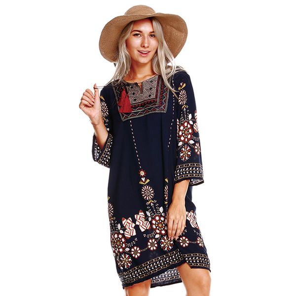 

elegant boho vintage 3/4 sleeve women dress bohemian tunic short clothing female vestidos vestido de festa robe femme 2019, Black;gray