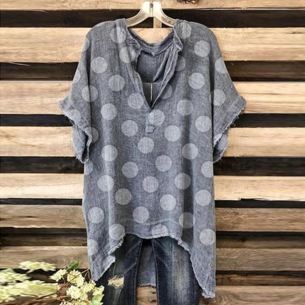 

gray loose casual blouse women summer v-neck dot printing v-neck plus size fashion blouse short sleeve daily tunic #j, White