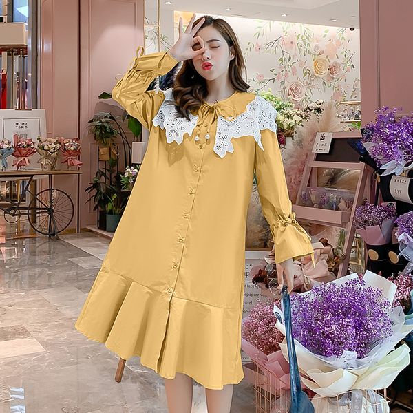 

plus size lace patchwork large peter pan collar maternity autumn a-line dress single-breasted pregnant women cotton dress cute, White