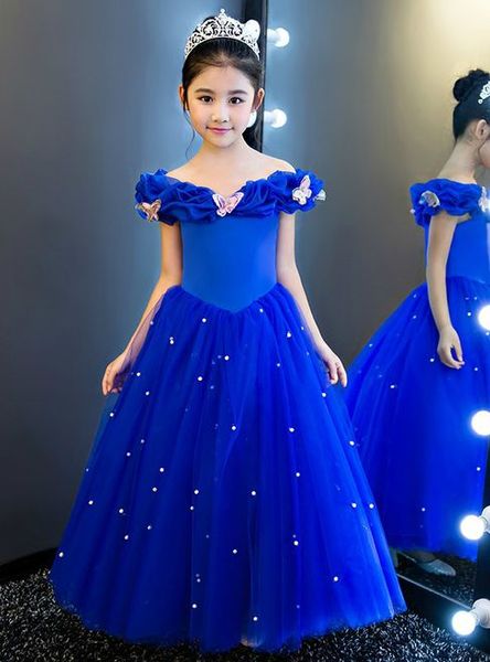 Cenerentola Farfalla Abiti da spettacolo per ragazze con spalle scoperte Crystal Royal Blue Tulle Piping Flower Girl Abiti per matrimonio Abito da ballo per bambini