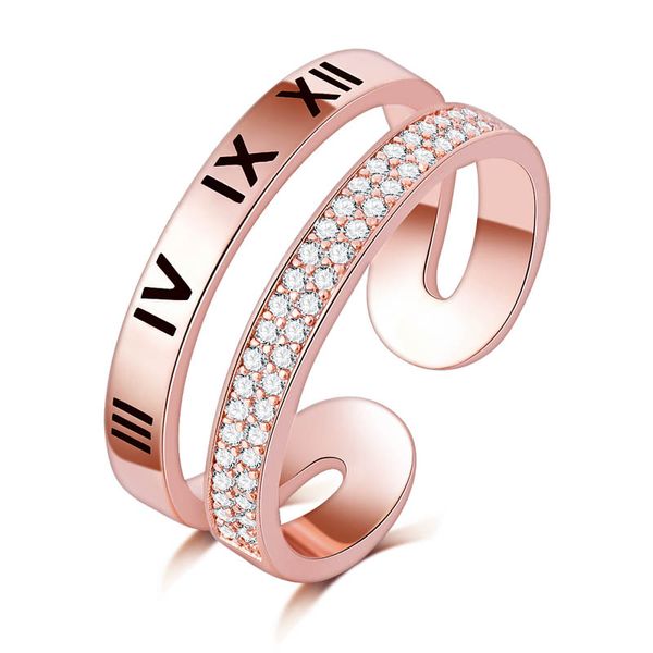 

new arrival 18kgf rose gold filled roman letter finger ring a+ zircon micro pave for women anniversary wholesale, Slivery;golden