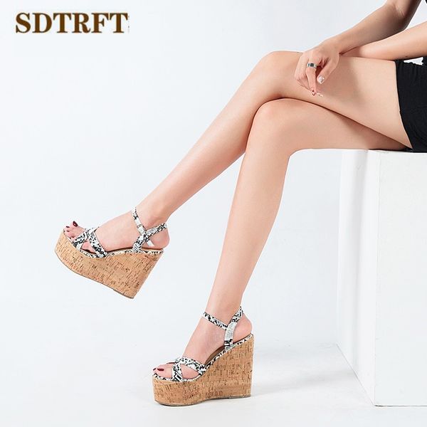 

sandals sdtrft espadrilles serpentine shoes woman 13cm wedges stiletto wood grain platforms pumps female high heels sandalias, Black