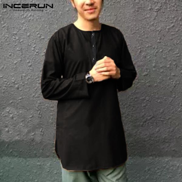 

incerun vintage men casual shirt islamic muslim clothing solid button long sleeve round neck streetwear mens shirts 2019, White;black