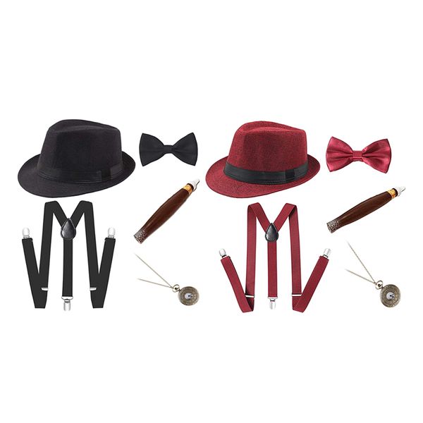 

2 sets men magician stage bachelor costume fedora bow tie suspender outfit, Black
