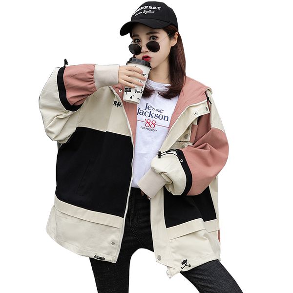 

female jacket patchwork high street harajuku autumn jacket woman long sleeve hooded bomber windbreaker women casaco feminino xxl, Black;brown
