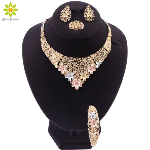 

exquisite dubai gold color jewelry set nigerian wedding african beads jewelry set flower design necklace earrings sets for women, Silver