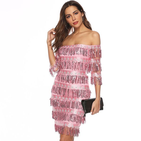 

party dress short slash neck strapless short-sleeved dress fringed sequin party dress solid color dresses, White;black