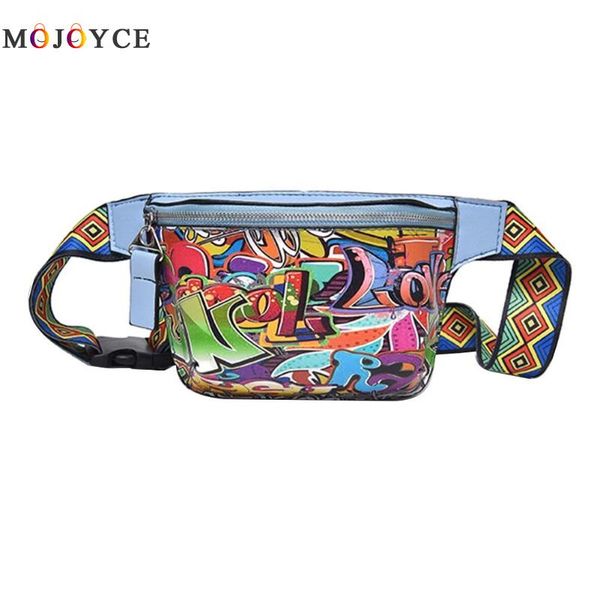 

new fashion women waist bag graffiti printing pu leather fanny pack colorful female belt bag