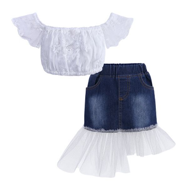 

2020 new girls sets children summer suit skirts strapless + fashion mesh jeans skirts 2020 style children two-piece kids casual suits, White