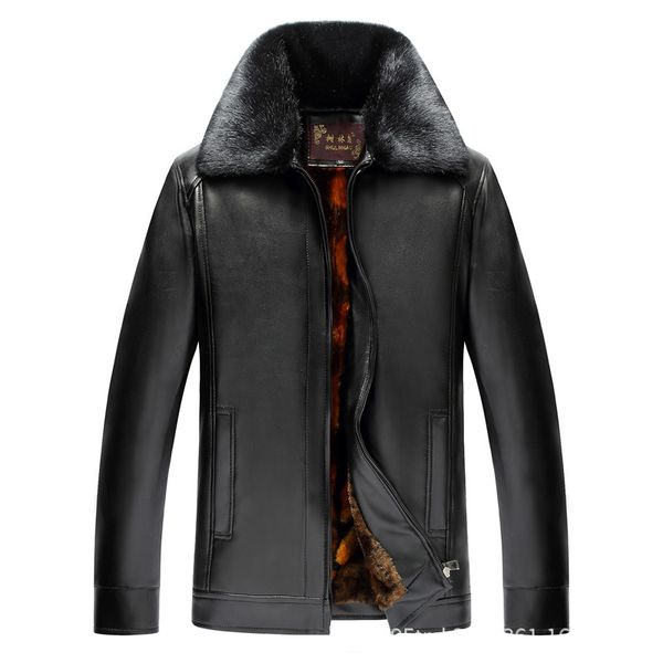 

middle-aged men brushed and thick large fur collar warm leather coat coat, Black