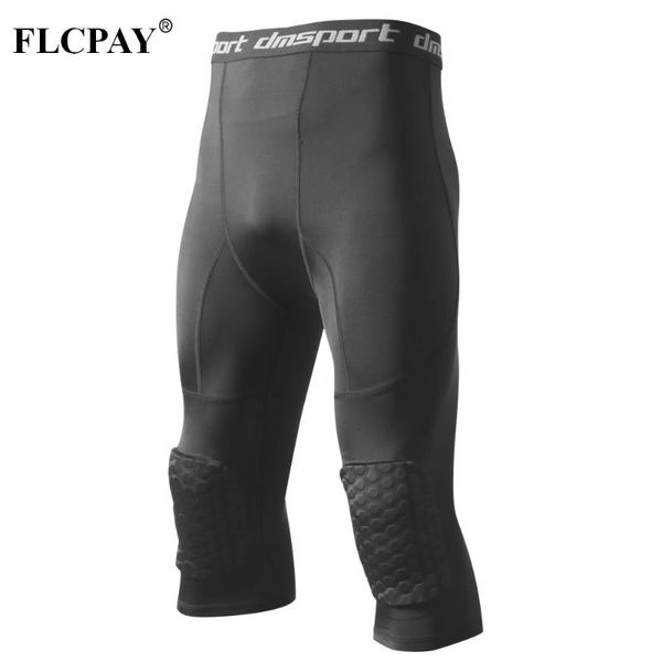 

men's basketball padded three-quarter tights pants with knee pads for men 3/4 capri compression tights leggings girdle training, Black;blue