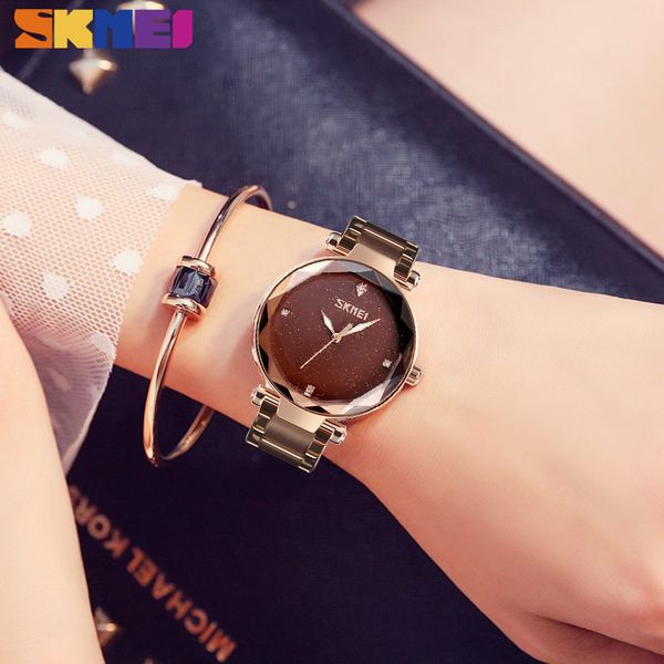 

skmei women quartz watch elegant brand luxury ladies simple casual womens wristwatch stainless steel watch relogio feminino fashion, Slivery;brown
