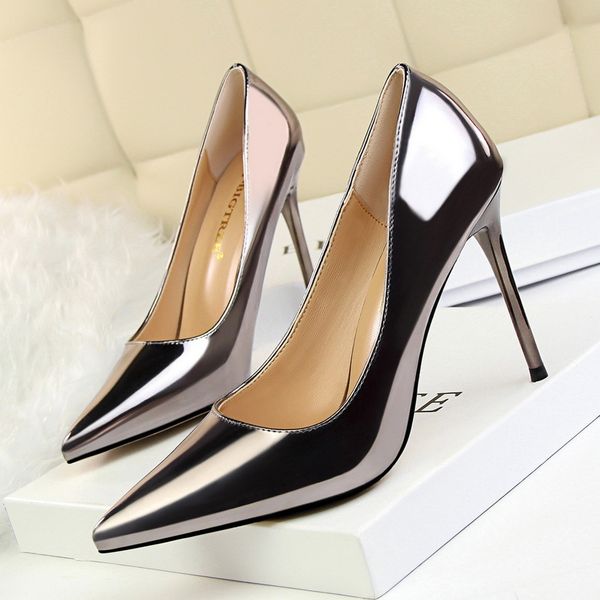 

women shiny pointed toe spring design high heels pumps shoes lady patent leather wedding party dress stilettos shoes, Black