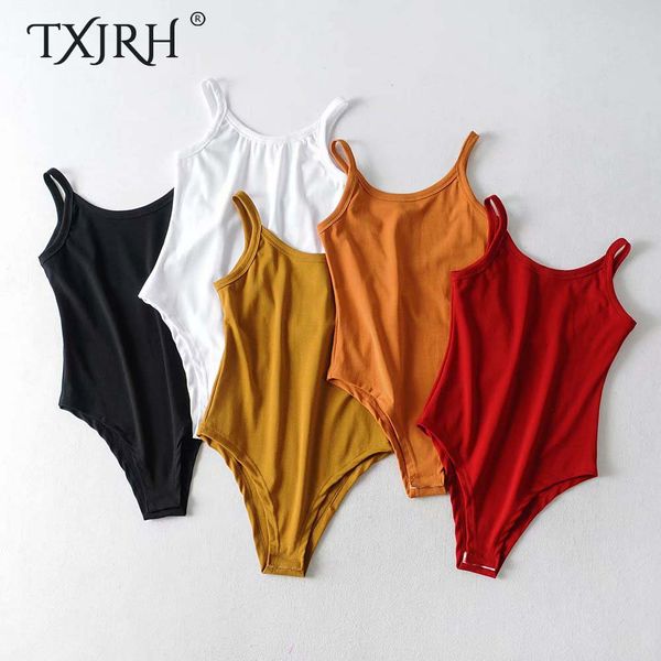 

txjrh 2019 spaghetti strap backless elastic romper body siamese bodysuit summer slim skinny tight undershirt tee 5 colors, Black;white