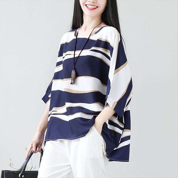 

summer 2020 cotton and linen women's striped loose slim large size linen short-sleeved t-shirt women's fashion, White