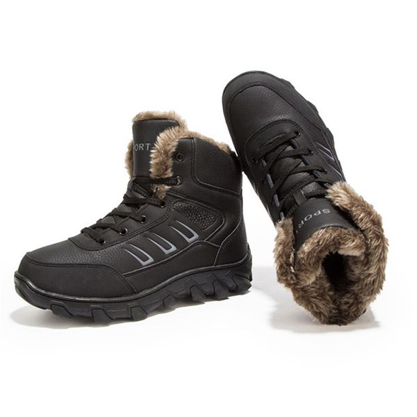 

new winter snow boots men ankle boots lace up leather botas man casual shoes warm fleeces flat masculino bottes outdoor tenis, Black