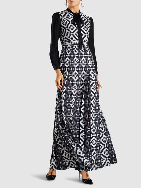 

женские дизайнерские платья печатные панели высокая талия с длинным рукавом качели платье кукла воротник, Black;gray