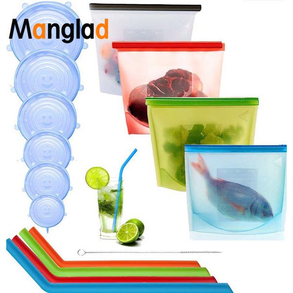 

silicone storage bag refrigerator fresh sealed bags reusable preservation bags airtight seal storage container 1000ml, Blue;pink