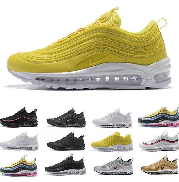 

with box 97 shoes triple black bullet air 97s men women running shoes reflective silver ultra white metallic gold sneakers max sports