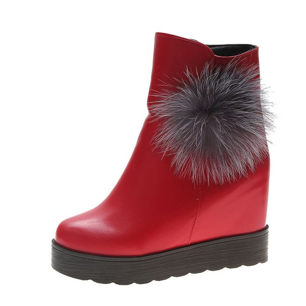 

women's high heel increased shoes red thick soled side zipper faux fur bare booties wedges boot spring autumn 2019 botas mujer, Black