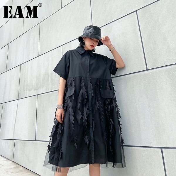 

casual dresses [eam] women black mesh split big size shirt dress lapel short sleeve loose fit fashion tide spring summer 2021 1u072, Black;gray